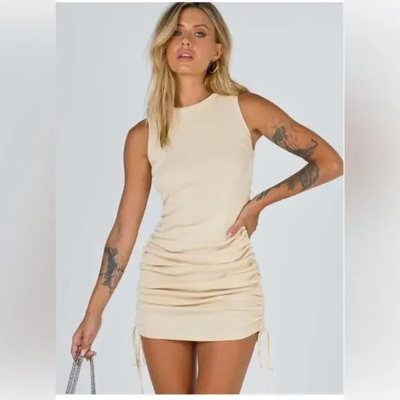LIONESS Revolve Military Minds classic ruched side Mini Dress Beige S - Picture 1 of 8